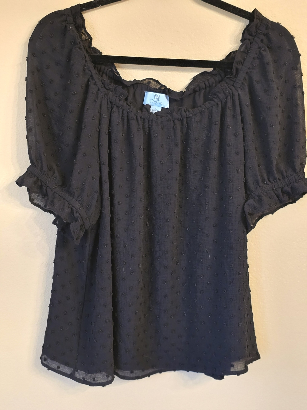 CeCe Black Puff-Sleeve Swiss Dot Peasant Blouse Size XL